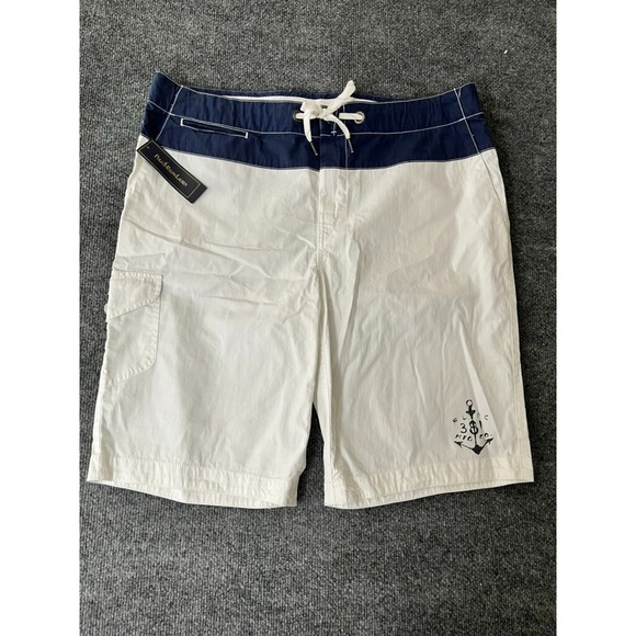 NWT VTG Ralph Lauren Mens White Blue Swim Short Size 38 Cotton/Nylon - Picture 1 of 9